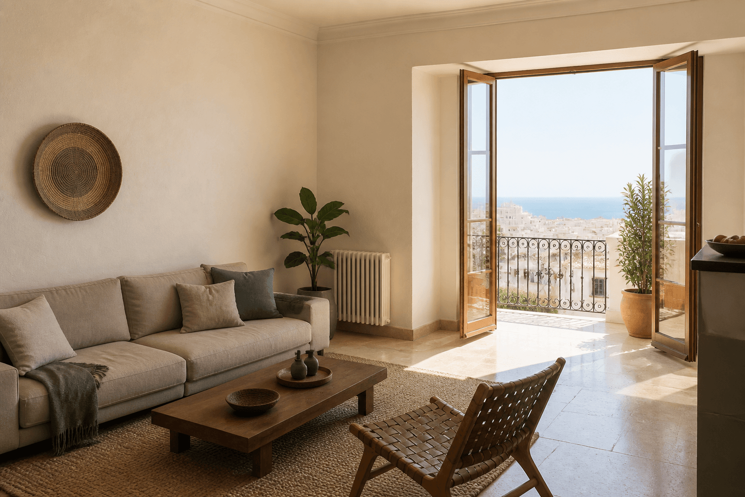Salon lumineux d’un appartement avec vue sur Alger